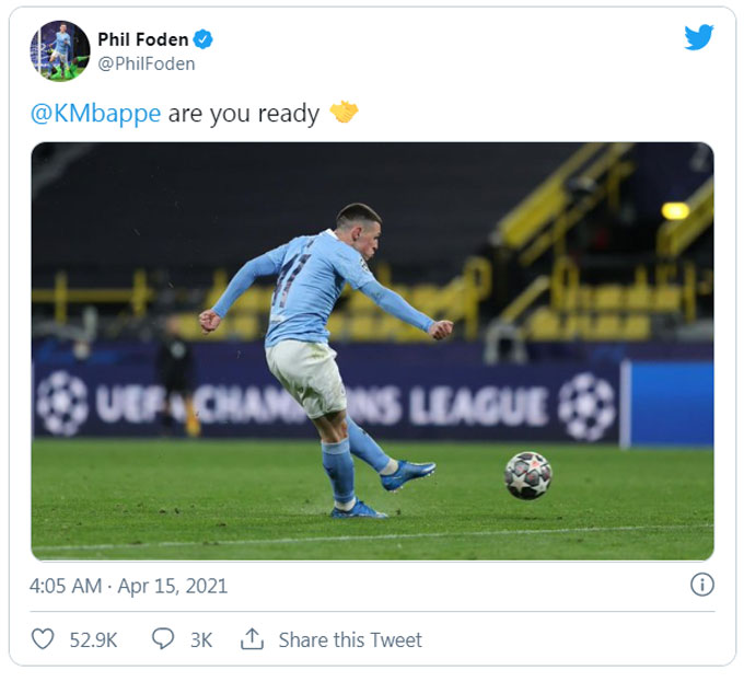 Phil Foden khiêu chiến Mbappe trên mạng xã hội sau khi vào bán kết Champions League